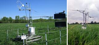 Eddy Flux towers, used to measure key atmospheric fluxes, deployed in fields at the Kellogg Biological Station