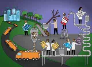 Drawing of people feeding trees and chemicals into system of pipes filling trucks with product 