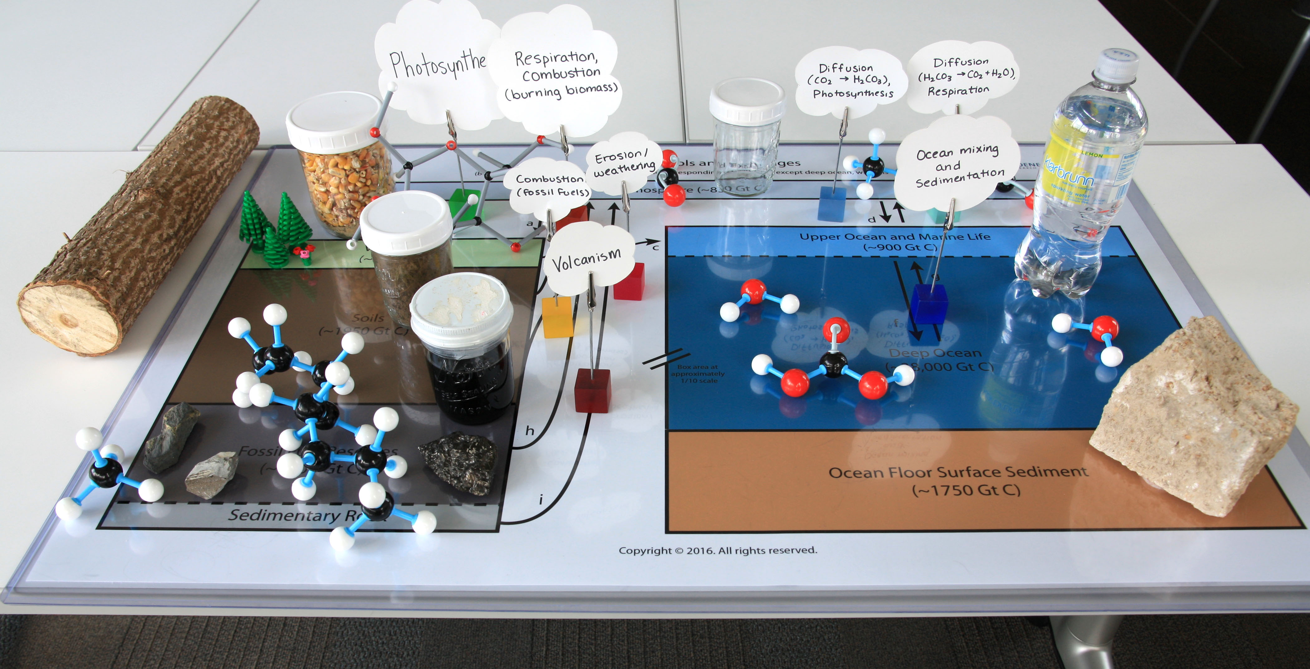 Image showing the completed demo set up on a table including visualized carbon pools, molecules, and labeled processes.
