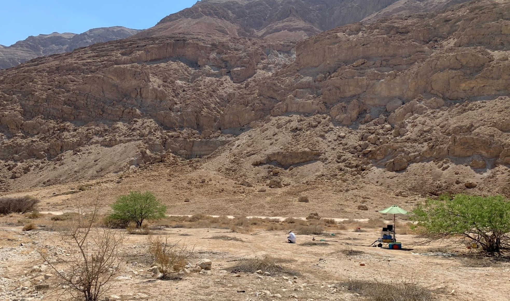 A researcher works at ground level beside a portable equipment cart shaded by a green umbrella in an arid desert wadi, with rugged rocky cliffs rising in the background.