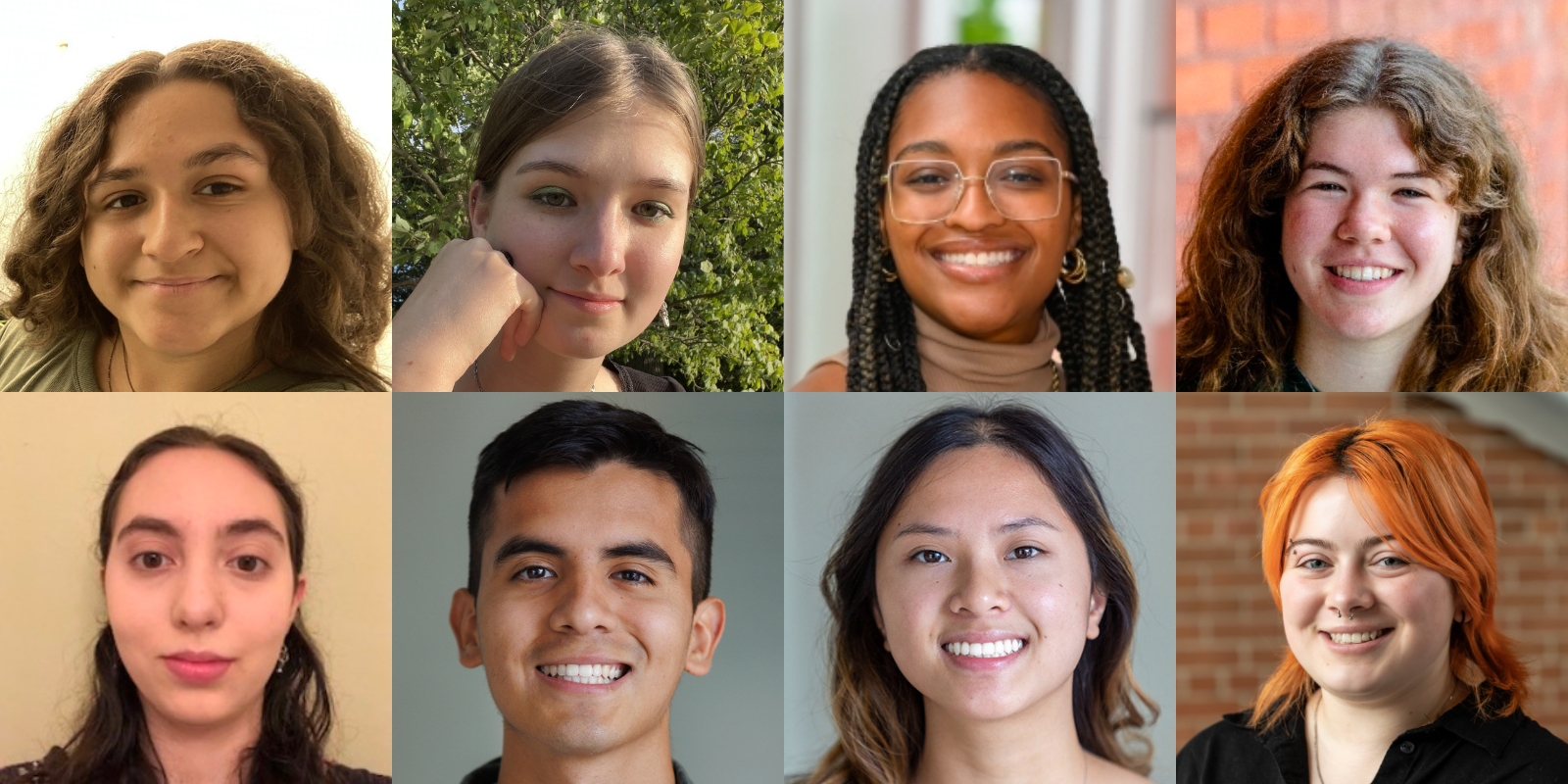 Headshots (left to right, top to bottom) of Amayrani Olvera, Molli Thibodeau, Julia Seays, Maggie Jones, Sydney Buchsbaum, Salvador Castillo, Janice Tran, and Veronica Pargulski