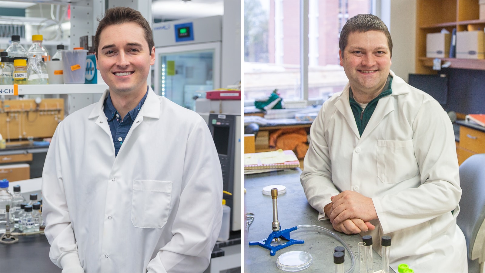 A collage of two pictures. On the left, Ben Hall in a lab coat standing in his lab. On the right, Daniel Parrell in a lab coat sitting in his lab.