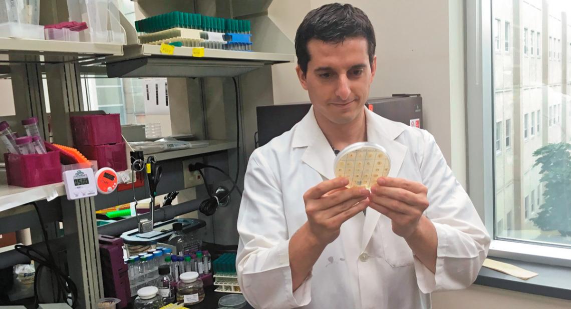 David Peris holding a yeast strain