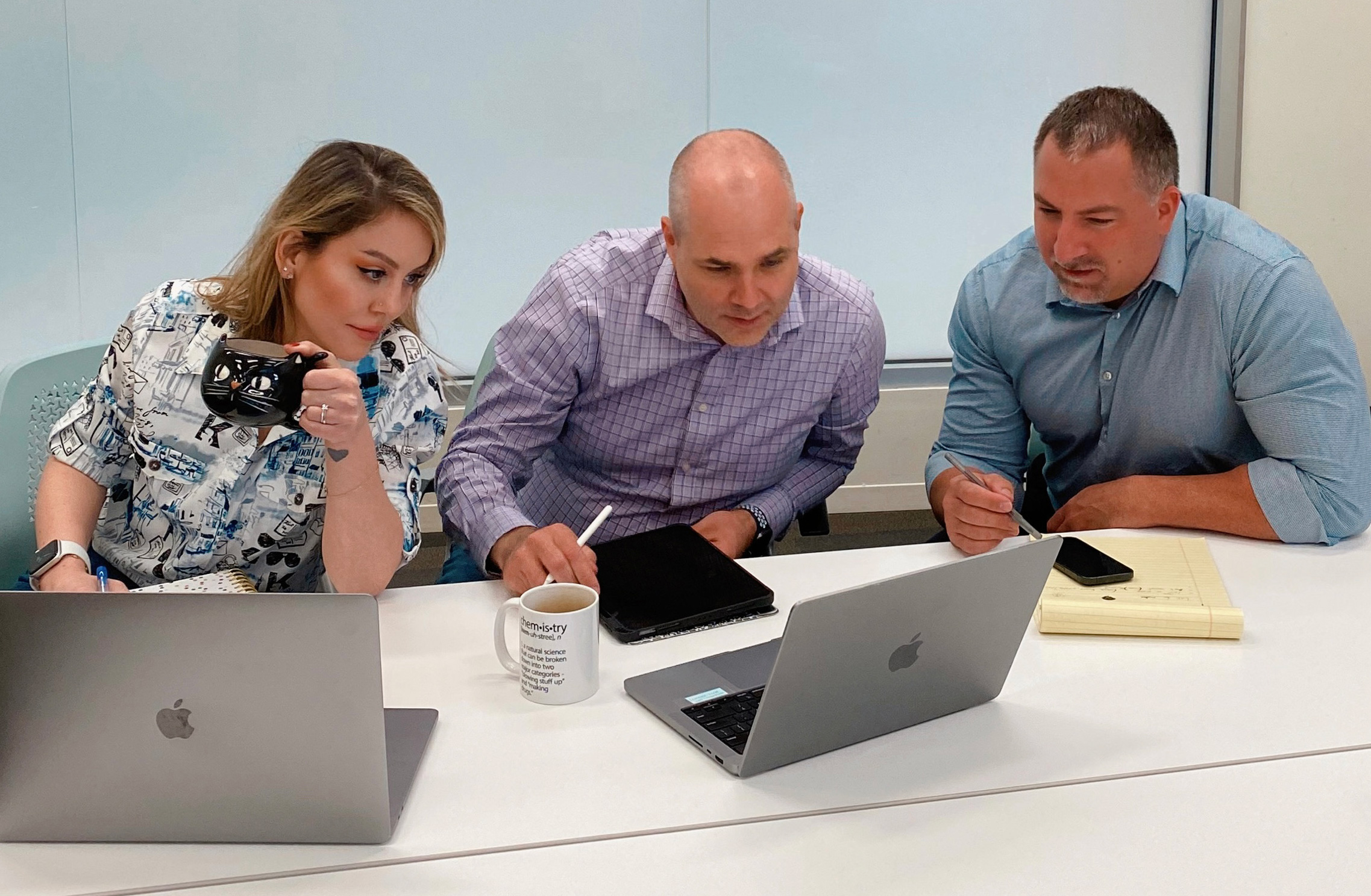 A woman and two men seated at a table look at a laptop computer screen