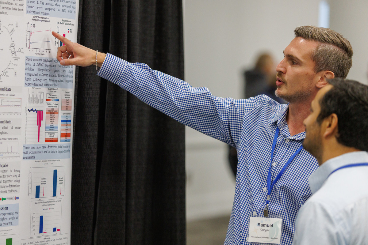 Man in blue and white shirt points to text on a poster as another man looks on