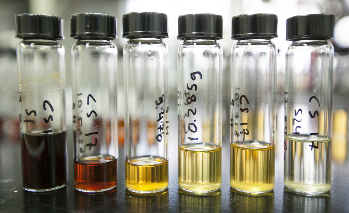 Vials of solvent on lab bench