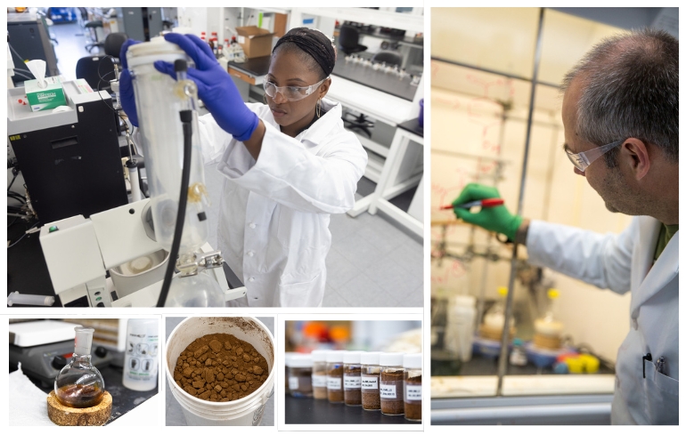 Photo collage. From top left, a researcher in a white lab coat and blue gloves adjusts equipment; scientist writes on glass shield, row of glass bottles with brown powder of different shades, white bucket of brown powder and chunks, flask coated with brown residue