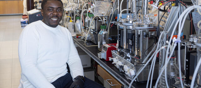 Blaise Manga Enuh, postdoc in the Noguera Lab at UW–Madison, studies microbes to convert biomass to beneficial compounds such ethanol and others that are important in biomanufacturing.
