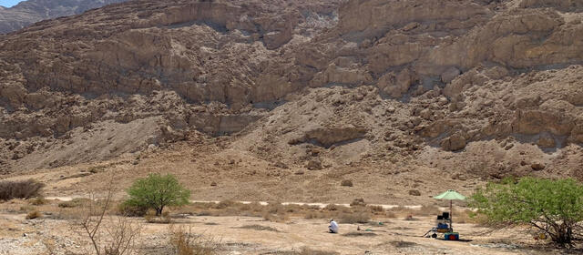 A researcher works at ground level beside a portable equipment cart shaded by a green umbrella in an arid desert wadi, with rugged rocky cliffs rising in the background.