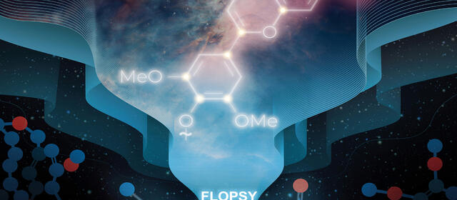 Illustrative cover art showing a glowing lignin-derived molecular structure (with HO, OH, MeO, OMe labels) emerging from a nebula-like cosmic cloud, above the word 'FLOPSY,' flanked by stylized ball-and-stick molecules