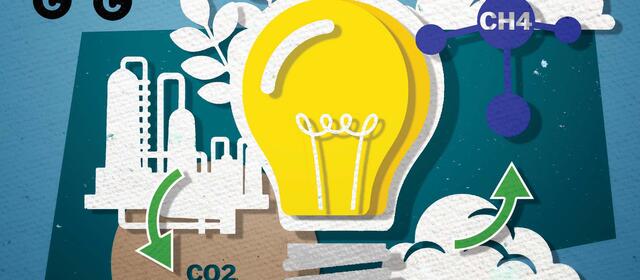Layered paper-cutout illustration of a carbon-capture concept: a lightbulb at center connects a factory releasing CO2 underground to CH4 clouds above, with carbon atoms and green arrows showing gas flow.