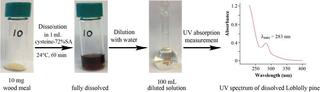Illustration of the dissolution of wood meal in cysteine-SA for lignin quantification.
