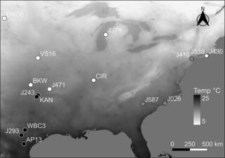 Map displaying the origins of the eight upland (open circle), three coastal (hashed circle), and five lowland (closed circle) switchgrass genotypes