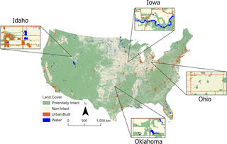 map of coterminous United States depicting ecologically intact lands