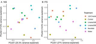 Principal coordinate analysis of sorghum artificial rhizosphere (A) bacterial 16S and (B) fungal ITS community Bray-Curtis distance after 1 month of application of terpenoids