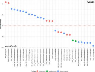 Differential expression analysis of fungal post-transplant root samples by DESeq2 displays the fungal amplicon sequence variants that are significantlysignificantlysignificantlydifferentially abundant between QsuB and non-QsuB wild-type plants