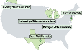 Map of the U.S. and British Columbia highlighting the locations of GLBRC member organizations