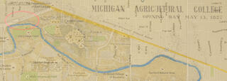 A Michigan Agricultural College map from 1857 overlaid with a modern map of Michigan State University