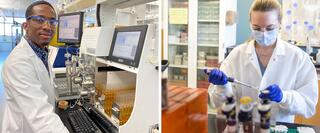 Collage of two researchers at lab benches