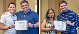 A collage of two pictures. Both pictures feature two people posing for a picture holding an award certificate.