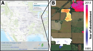 A map of the United States (left) and satellite image of farmland with color-coded overlay