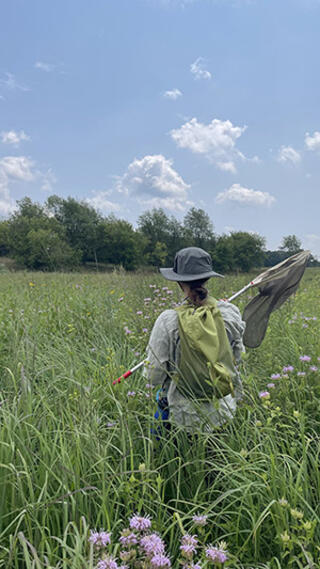 Molli Thibodeau in a prairie holding a bug catching net.