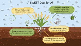 animated illustration showing a plant growing in brown soil with a blue sky backdrop. CO2 molecules move from the air into the soil