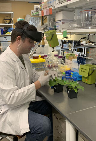 Tyler Criss taking a sample from a plant at a lab bench
