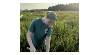A woman in a blue T-shirt and baseball cap kneels in a green field dotted with orange flags.