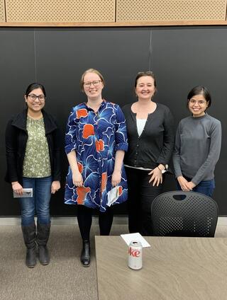 Sreejata Bandopadhyay stands left among panelists for the "Women Making Science Event"