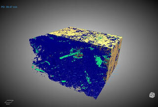 X-ray computed tomography (XCT) 3D rendering of a soil core, with color-coded phases showing soil matrix (tan), pore space (blue), roots (green/cyan), and organic matter against a gray background.