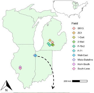 Map depicting Wisconsin, Michigan, Illinois, and Indiana as well as test sites