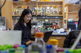 woman seated in a biochemistry lab typing on a laptop computer
