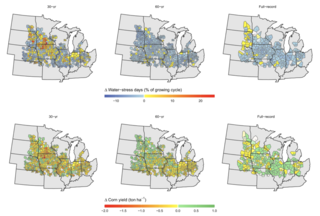 Maps of the upper Midwest with color coded parcels showing changes in water stress and crop yields