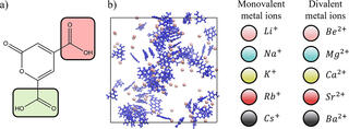 A figure with three parts: a) A molecular structure diagram showing a pyridine ring with two carboxylic acid groups (-COOH). b) A molecular simulation showing blue rod-like structures aggregating with spherical particles. c) A legend identifying different metal ions: monovalent ions (Li⁺, Na⁺, K⁺, Rb⁺, Cs⁺) and divalent ions (Be²⁺, Mg²⁺, Ca²⁺, Sr²⁺, Ba²⁺), each represented by differently colored circles.