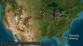Satellite map of the contiguous United States showing 17 numbered field sites marked as red stars (training) or yellow stars (testing), concentrated in the Midwest and Great Lakes region with additional sites in the West and Mid-Atlantic.