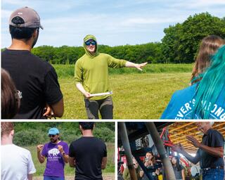 Three-panel montage of a field research station tour: (top) a guide in a green sun hoodie gestures across a prairie field while addressing a small student group; (bottom left) a KBS LTER guide in a purple bison t-shirt explains something to students outdoors; (bottom right) a researcher demonstrates agricultural equipment to students in a machinery shed.