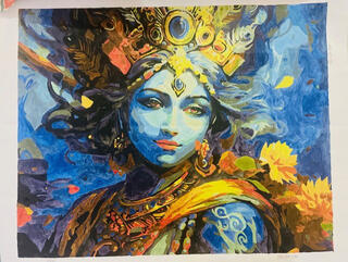 A vibrant paint-by-number style painting depicting the Hindu deity Krishna with blue skin, golden crown and peacock feather, ornate jewelry, and yellow garments against a swirling blue background with yellow flowers.