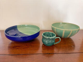 blue and green pottery bowls.